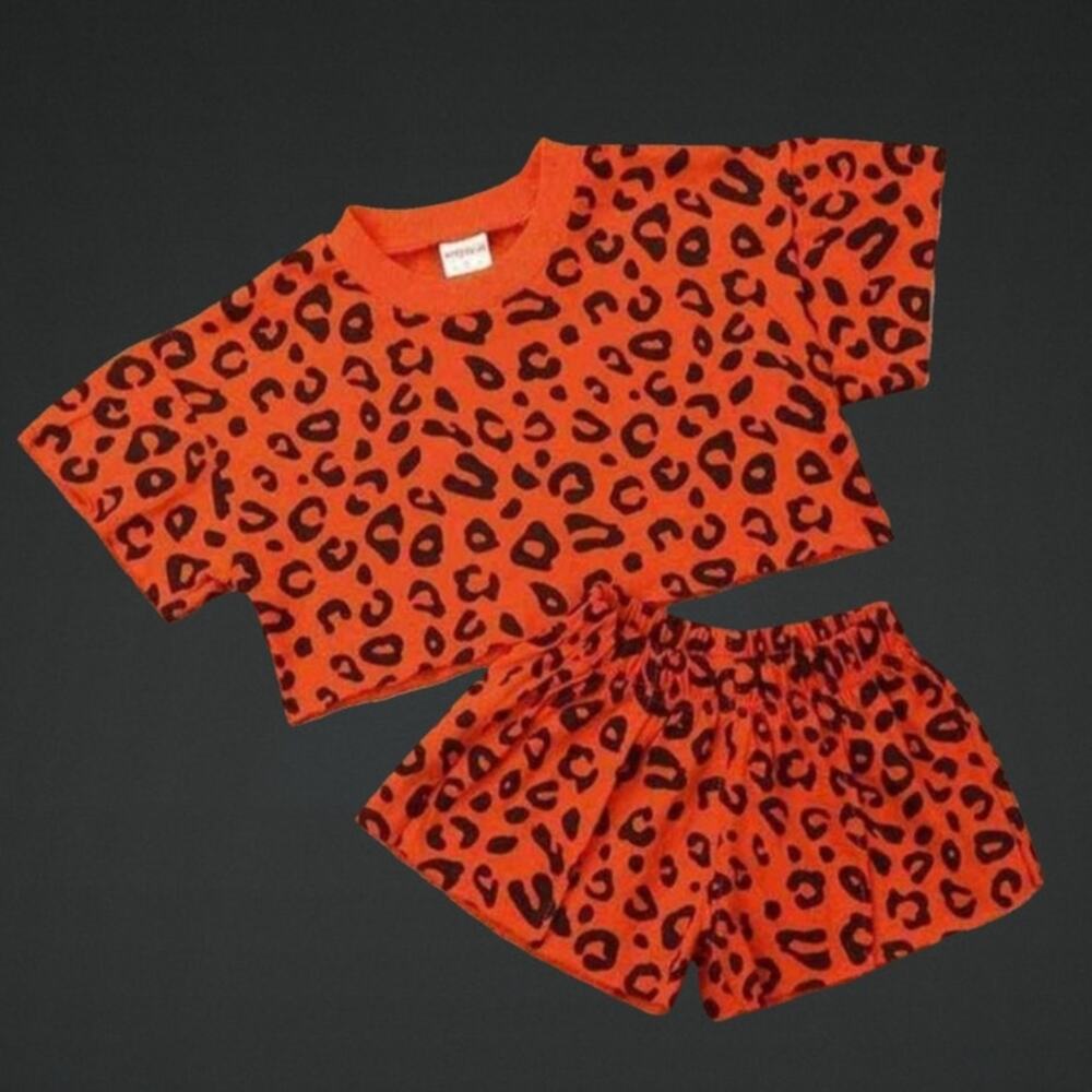 Girls Orange Leopard Print Top & Shorts Outfit Set Size 6T